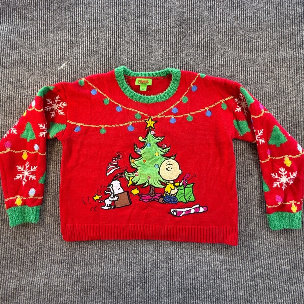 Peanuts Charlie Brown Snoopy Ugly Christmas Sweater Red Green Large Holiday Knit
